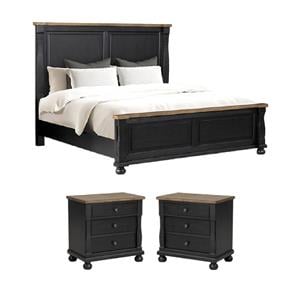 Pemberly Row Bedroom Set with Queen Bed and 2 Nightstands in Black & Rustic Oak Brown