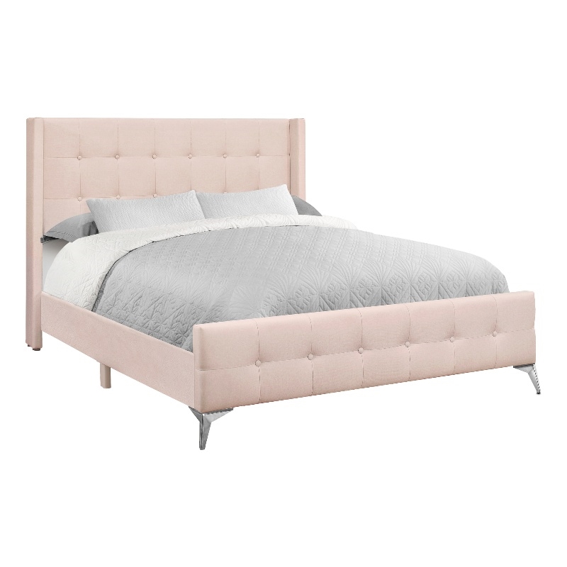 Pemberly Row Queen Upholstered Platform Bed with Tufting in Pink Velvet