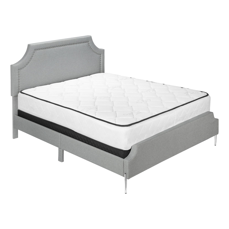 Pemberly Row Queen Upholstered Bed with Chrome Nailhead Trim in Gray