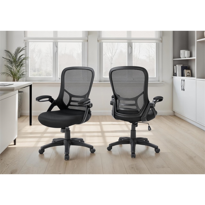 Pemberly Row Mid-Back Mesh Office Chair with Flip-Up Arms in Black