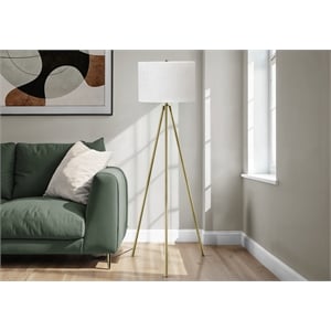Pemberly Row 63&quot Brass Metal Tripod Floor Lamp with Ivory Linen Drum Shade