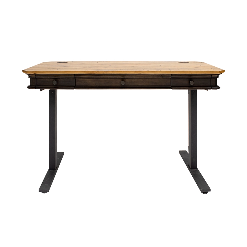 Pemberly Row Executive Electric Sit-Stand Desk w/ Solid Wood Plank Top in Brown