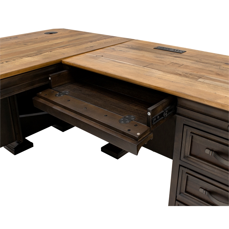Pemberly Row Executive L-Desk and Return with Solid Wood Plank Top in Brown