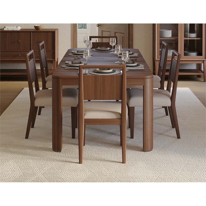 Pemberly Row Wood Dining Table Set with 6 Upholstered Chairs in Walnut