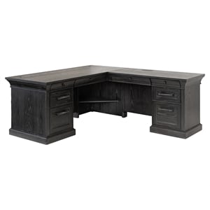 Pemberly Row Double Pedestal L-Desk with Keyboard Drawers in Ebony Black