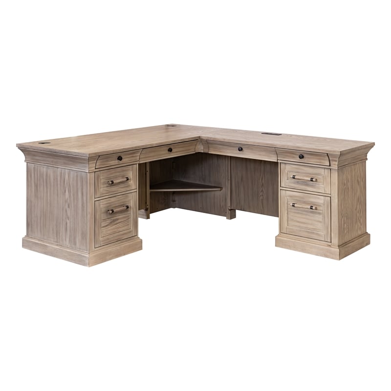 Pemberly Row Double Pedestal L-Desk with Keyboard Drawers in Natural Oak