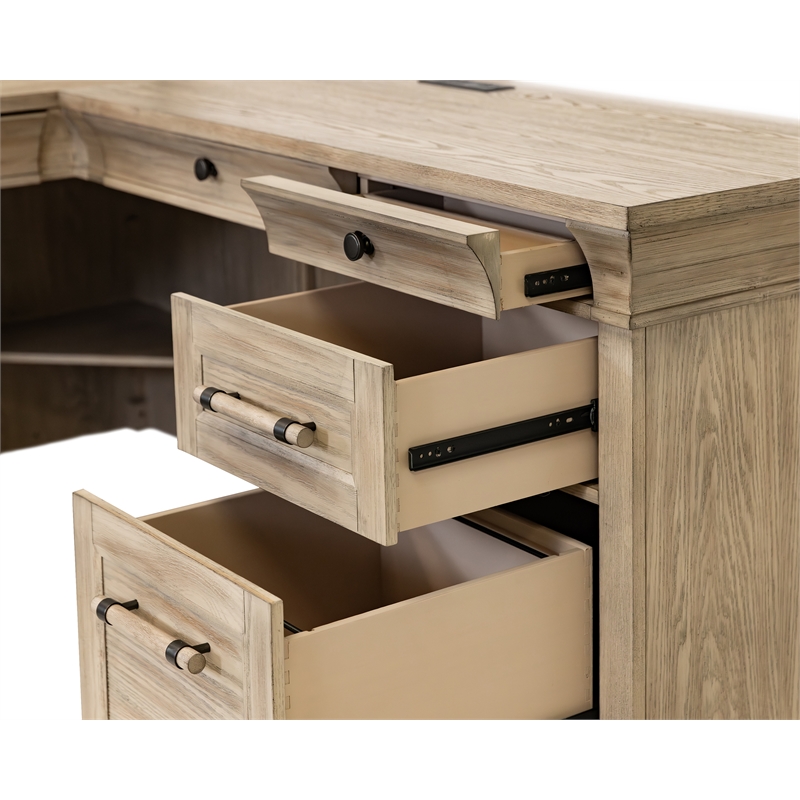 Pemberly Row Double Pedestal L-Desk with Keyboard Drawers in Natural Oak