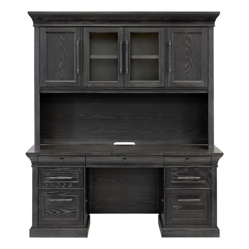 Pemberly Row Traditional Wood Executive Credenza and Hutch Set in Black