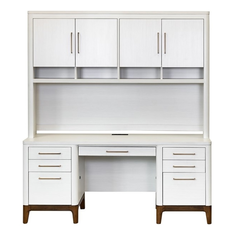 Pemberly Row Contemporary Laminate Credenza Desk and Hutch Set in Soft White