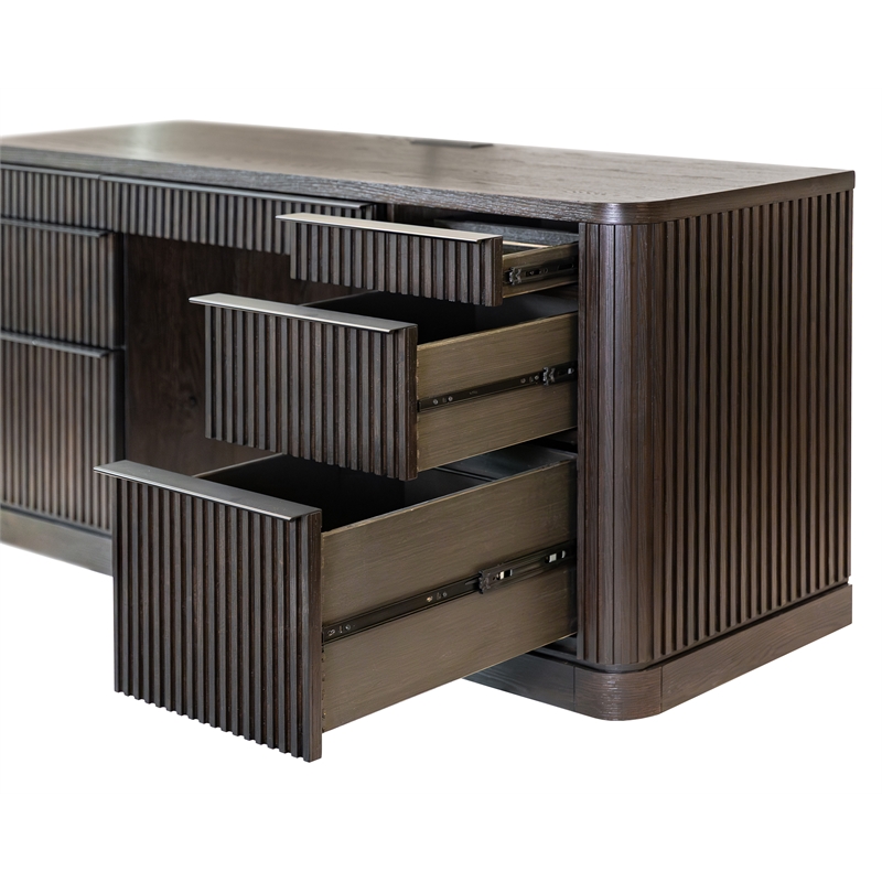 Pemberly Row Brown Executive Credenza with Fluted Tambour Detail & Power Center
