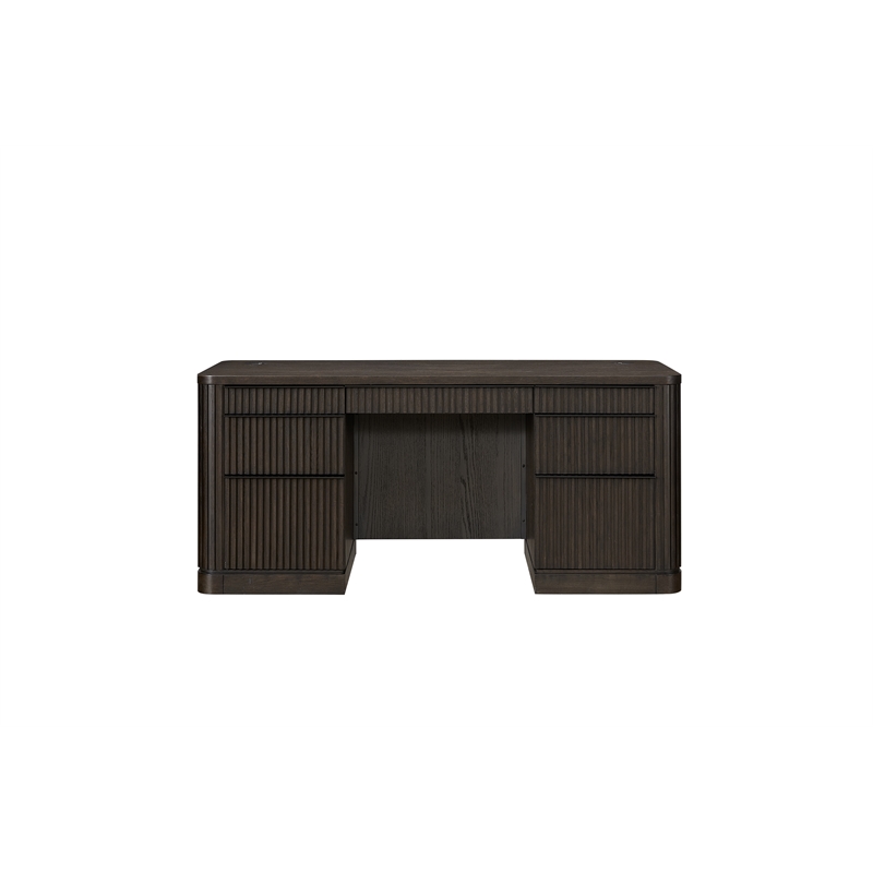 Pemberly Row Brown Executive Credenza with Fluted Tambour Detail & Power Center