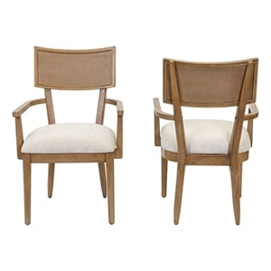 Pemberly Row Coastal Wood Dining Arm Chair with Woven Rattan Back in Brown