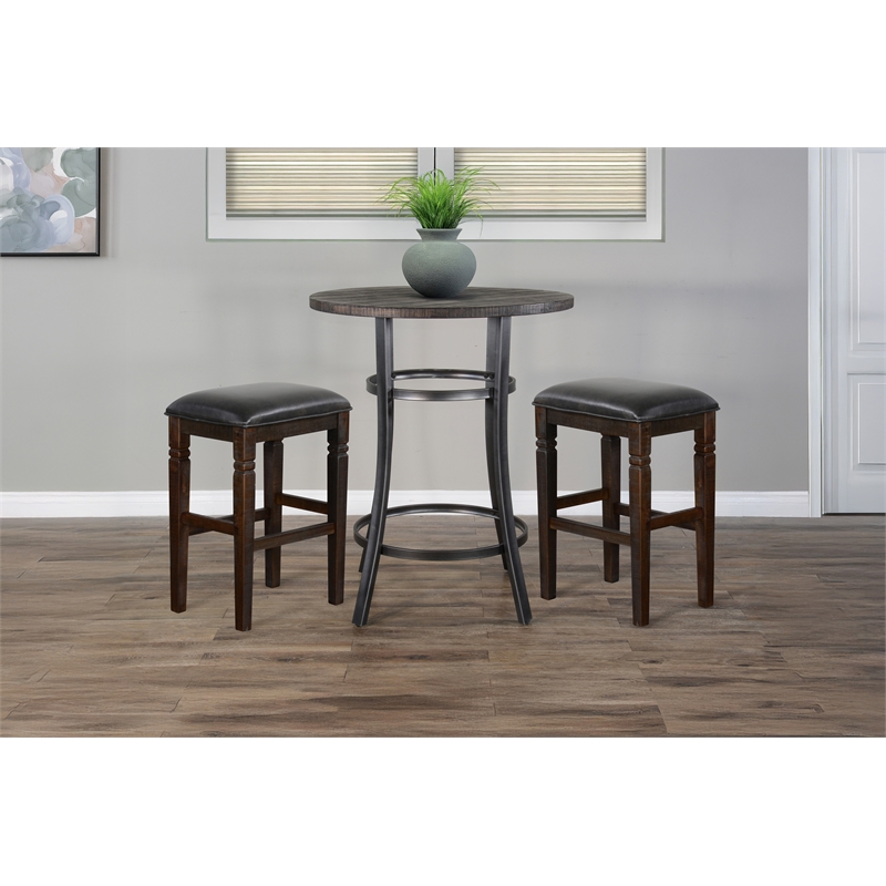 Pemberly Row Contemporary Mahogany and Metal 3-Piece Pub Dining Set