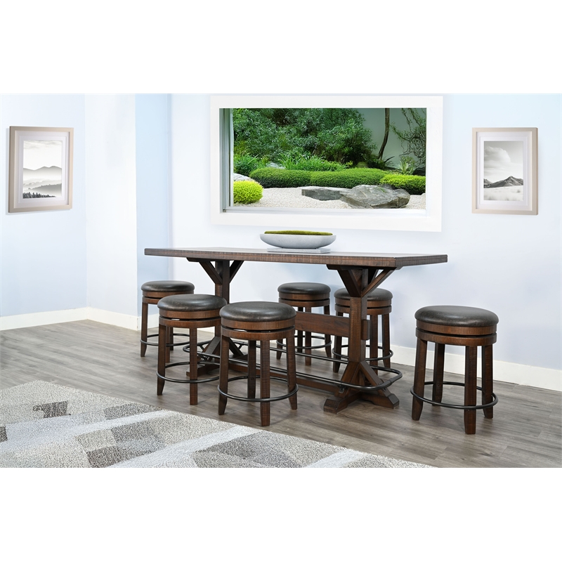 Pemberly Row Rectangular Pub Table Set with 6 Stools and Metal Footrest