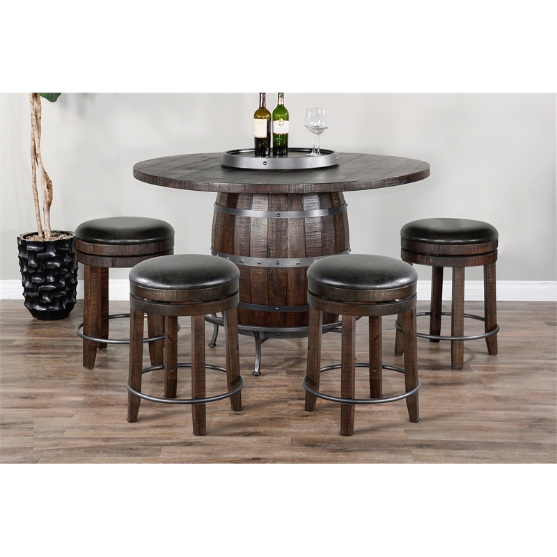 Pemberly Row Round Pub Table Set with Wine Barrel Design and Lazy Susan Storage