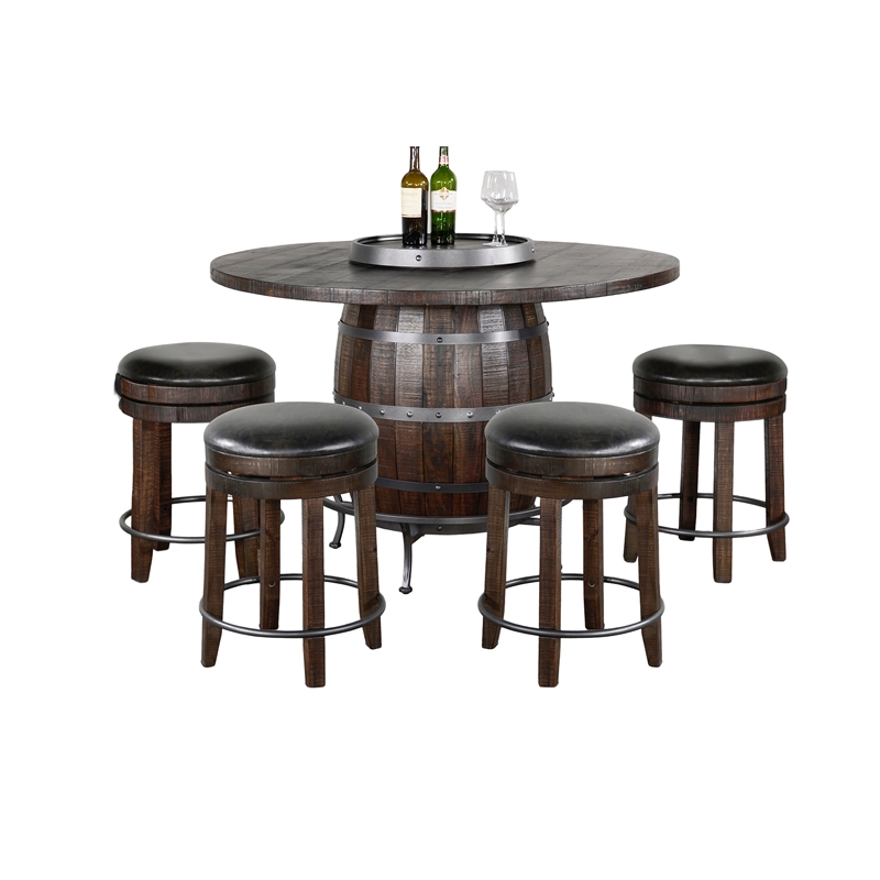Pemberly Row Round Pub Table Set with Wine Barrel Design and Lazy Susan Storage