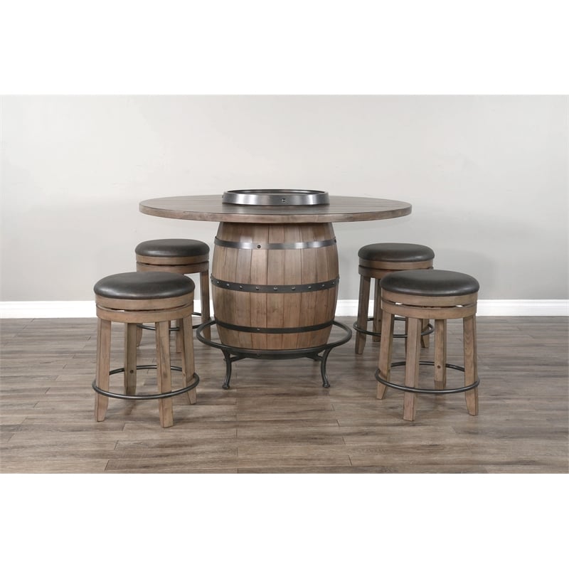 Pemberly Row Round Pub Table Set with Wine Barrel Design and Lazy Susan Storage