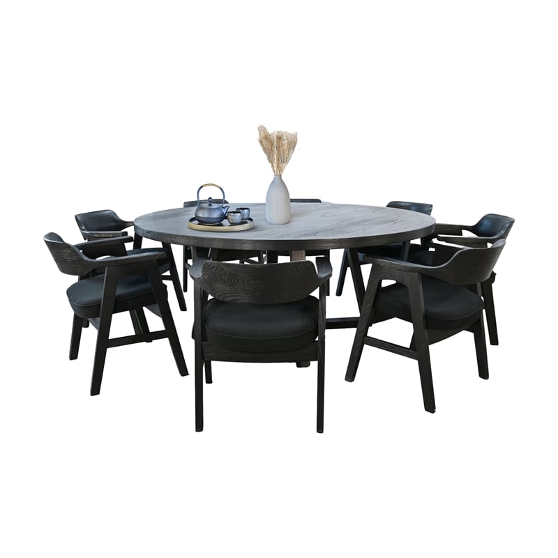 Pemberly Row 9-Piece Large Round Solid Wood Dining Set in Black