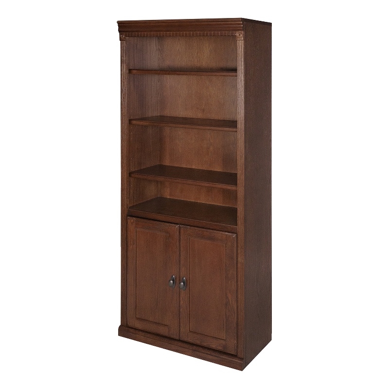 Pemberly Row Wood Bookcase with Doors and Adjustable Shelves in Distressed Brown