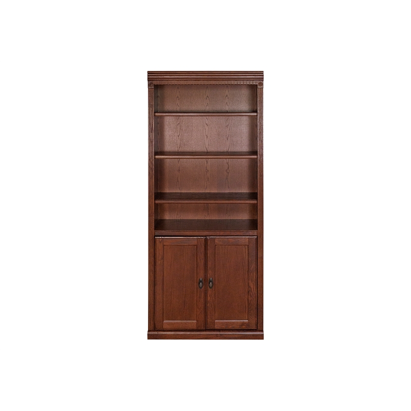Pemberly Row Wood Bookcase with Doors and Adjustable Shelves in Distressed Brown