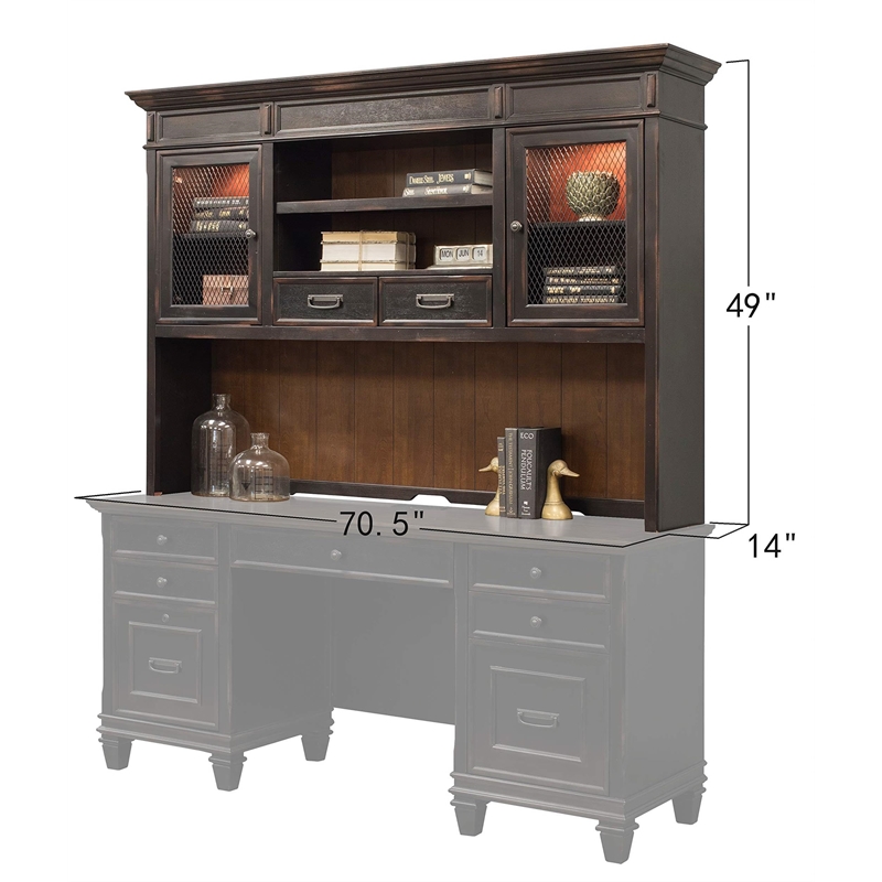 Pemberly Row Wood Office Hutch with Wire Mesh Doors and Touch Lighting in Black