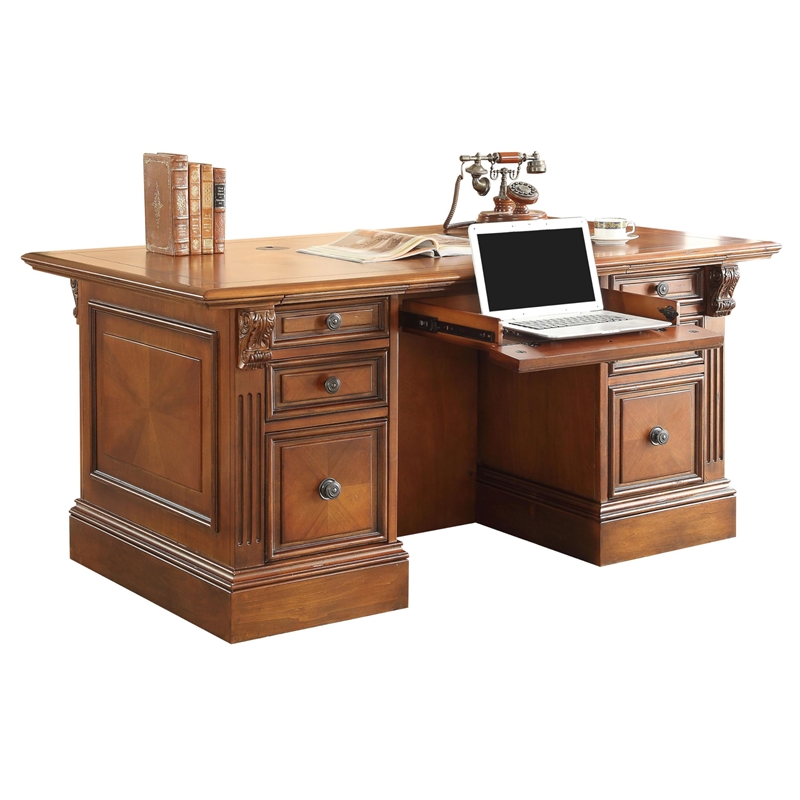 Pemberly Row Double Pedestal Executive Desk with Power Center in Antique Pecan