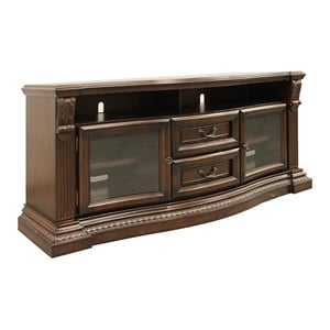 Pemberly Row 67&quot Wood TV Console with Glass Doors and Power Center in Brown