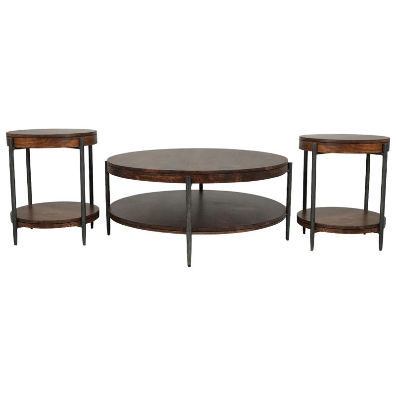 Pemberly Row 3Pc Wood Cocktail & End Table Set with Hammered Metal in Hickory