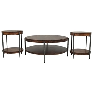 Pemberly Row 3Pc Wood Cocktail & End Table Set with Hammered Metal in Hickory