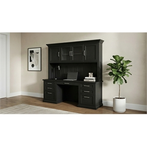 Pemberly Row Modern Wood Credenza and Hutch Set with Power Center in Black