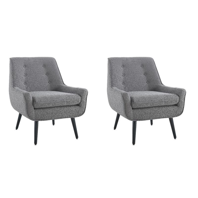 Pemberly Row Set of 2 Tufted Accent Chairs in Gray Fabric with Black Wood Legs