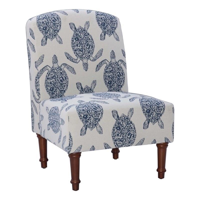 Pemberly Row Set of 2 Turtle Print Armless Accent Chairs in Blue & Cream