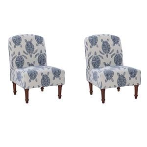 Pemberly Row Set of 2 Turtle Print Armless Accent Chairs in Blue & Cream