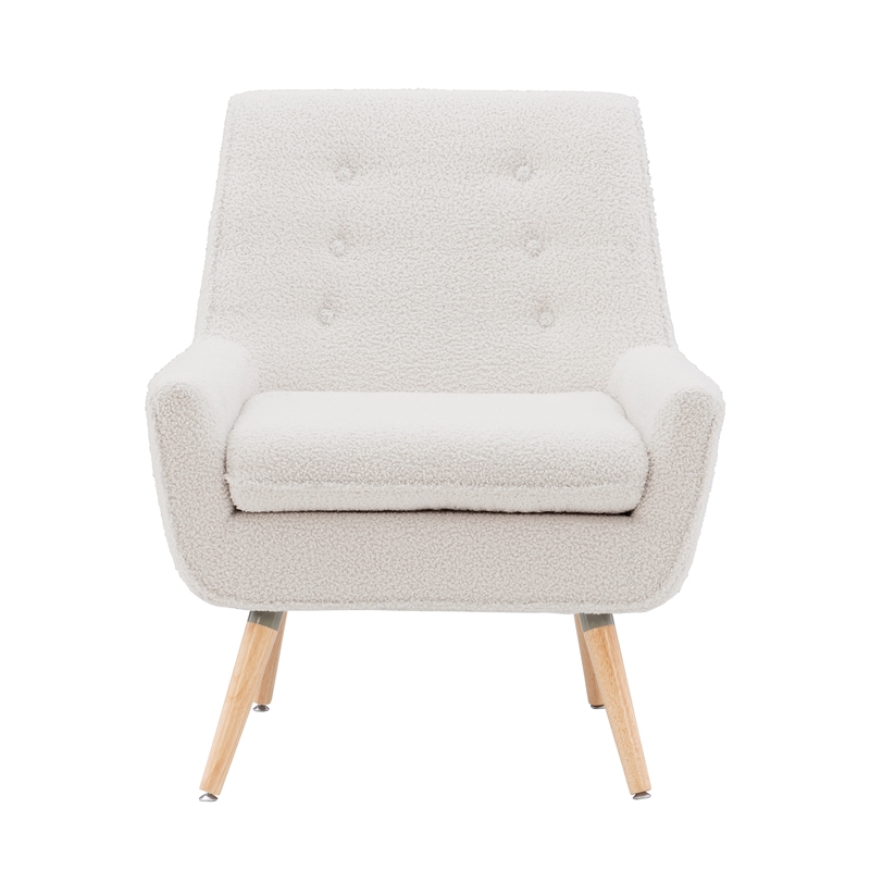 Pemberly Row Set of 2 Upholstered Accent Chairs in Cream Sherpa with Wood Legs