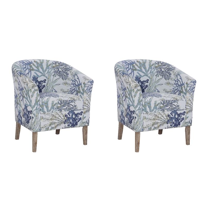 Pemberly Row Club Chairs Set of 2 in Blue Coral Print Fabric