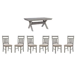 Pemberly Row Dining Set with Table and 6 Slat Back Chairs in Weathered Gray Wood
