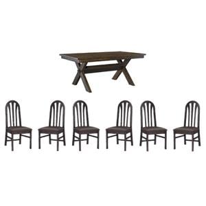 Pemberly Row Rustic Dining Table and 6 Faux Leather Slat Back Chairs Set