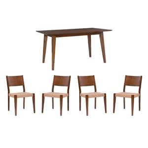 Pemberly Row Dining Table and Set of 4 Dining Chairs in Brown with Woven Seats