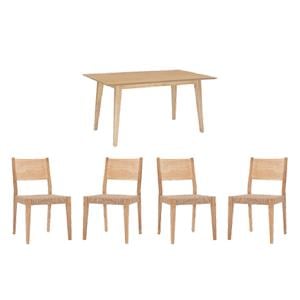 Pemberly Row Dining Set of Table & 4 Woven Seat Chairs in Natural Brown Wood