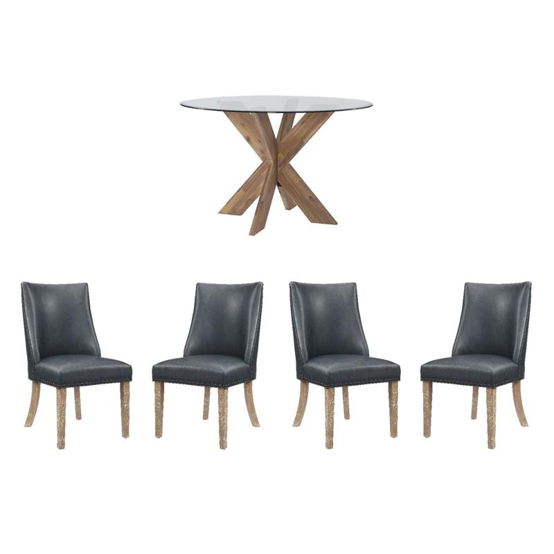 Pemberly Row Dining Set of 5  with Natural Wood & Navy Faux Leather Chairs