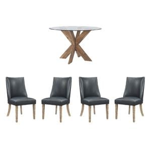 Pemberly Row Dining Set of 5  with Natural Wood & Navy Faux Leather Chairs
