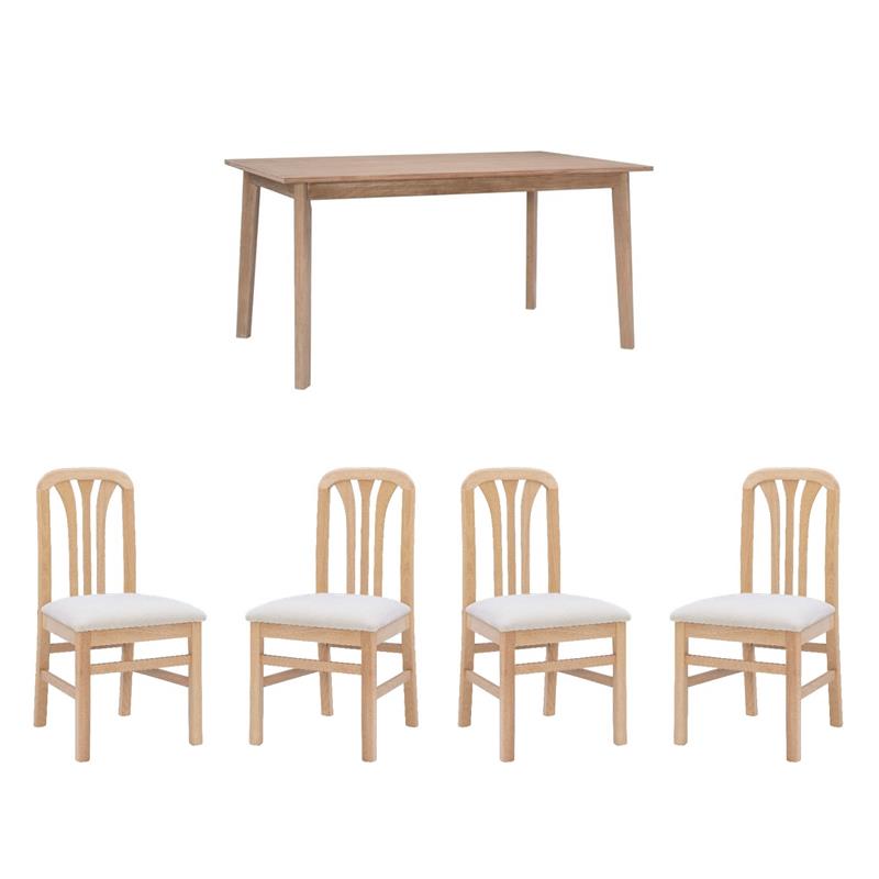 Pemberly Row Dining Set with Table & 4 Slat Back Chairs in Natural Brown Wood