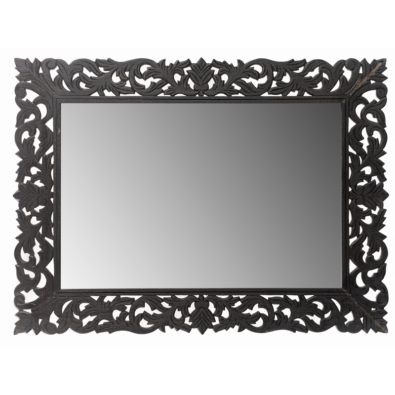 Pemberly Row Black Floral Carved Solid Wood Mango 5-Piece Queen Bedroom Set