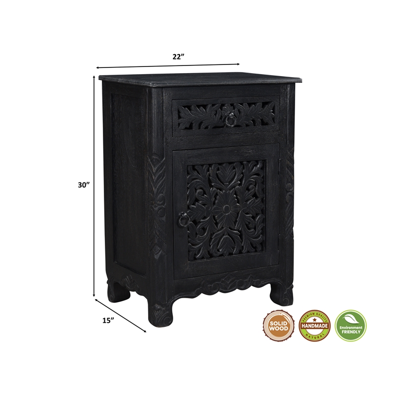 Pemberly Row Black Floral Carved Solid Wood Mango 5-Piece Queen Bedroom Set