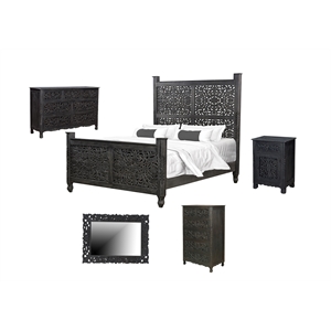 Pemberly Row Black Floral Carved Solid Wood Mango 5-Piece Queen Bedroom Set