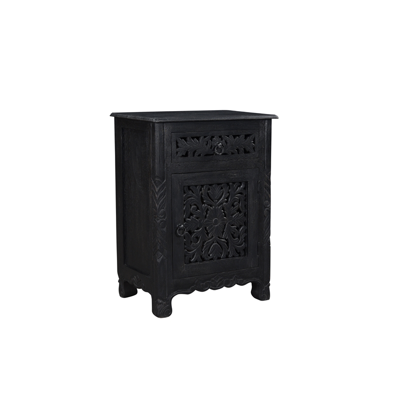 Pemberly Row Black Floral Carved Solid Wood Mango 5-Piece King Bedroom Set