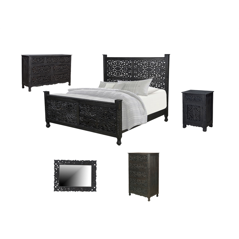Pemberly Row Black Floral Carved Solid Wood Mango 5-Piece King Bedroom Set