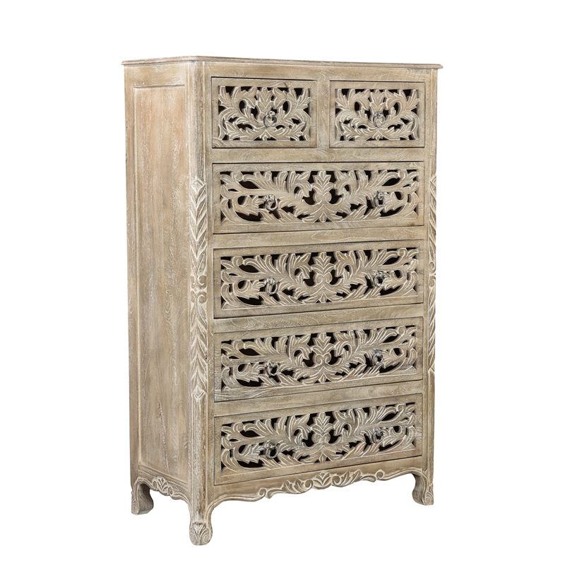 Pemberly Row Gray Floral Carved Solid Wood Mango 5-Piece King Bedroom Set