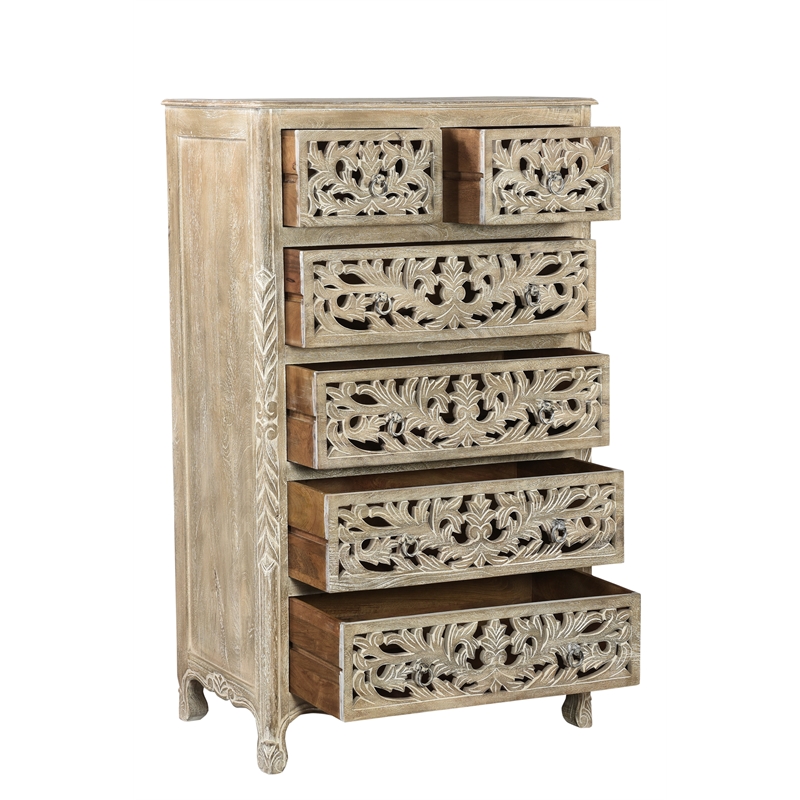 Pemberly Row Gray Floral Carved Solid Wood Mango 5-Piece King Bedroom Set