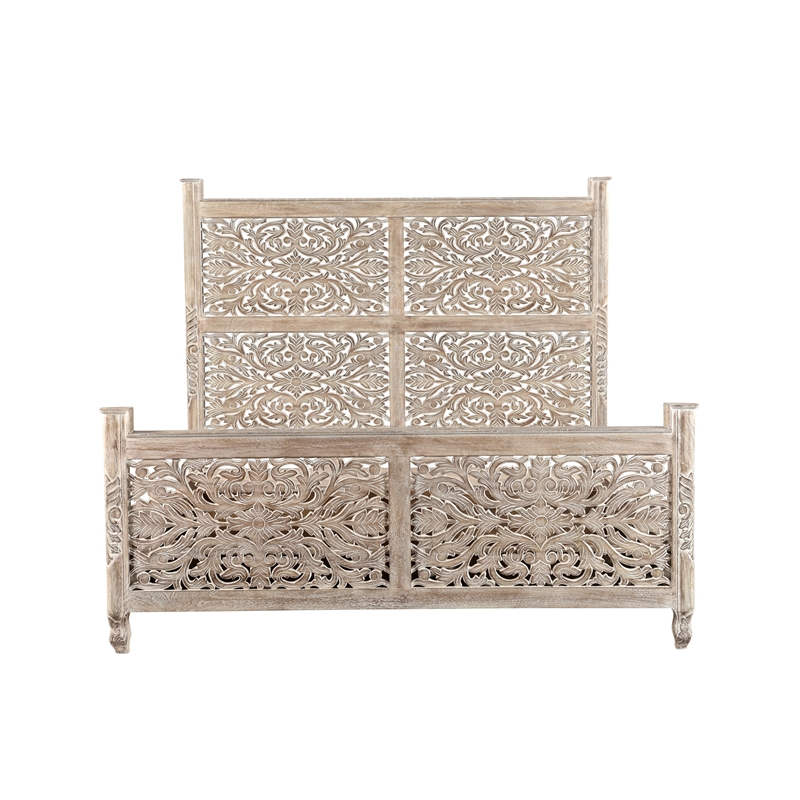Pemberly Row Gray Floral Carved Solid Wood Mango 5-Piece King Bedroom Set